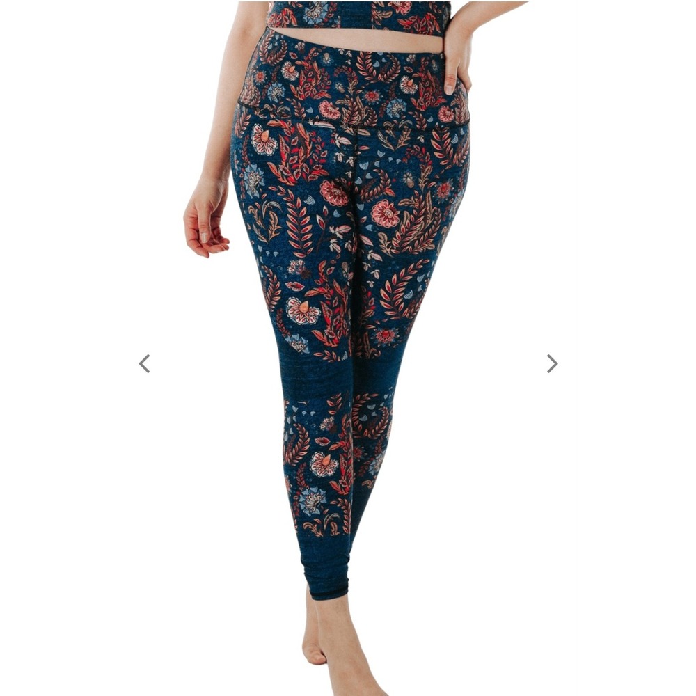 Yoga Democracy Festival Denim Leggings Womens XL Blue Floral High Rise 32 Inseam